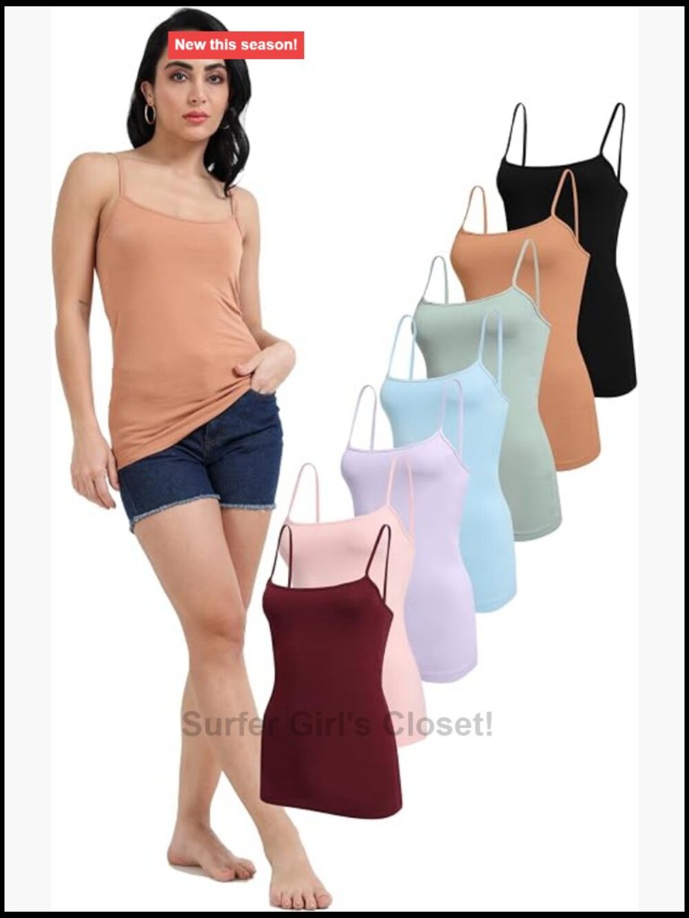 7 Pack Organic Cotton Stretch Camisole Tanks - Square Neck Sleeveless